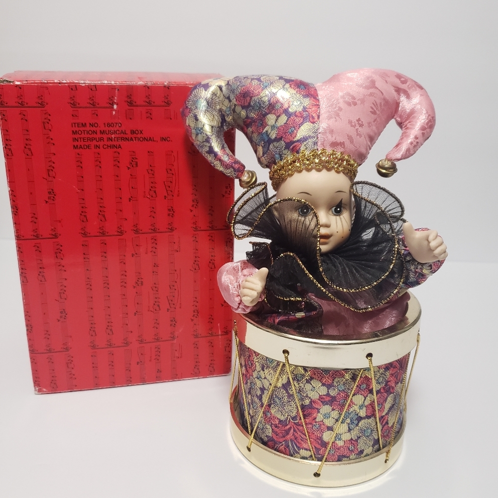VTG Porcelain Harlequin Jester Clown In A Drum Animated Music Box "Toy Land"